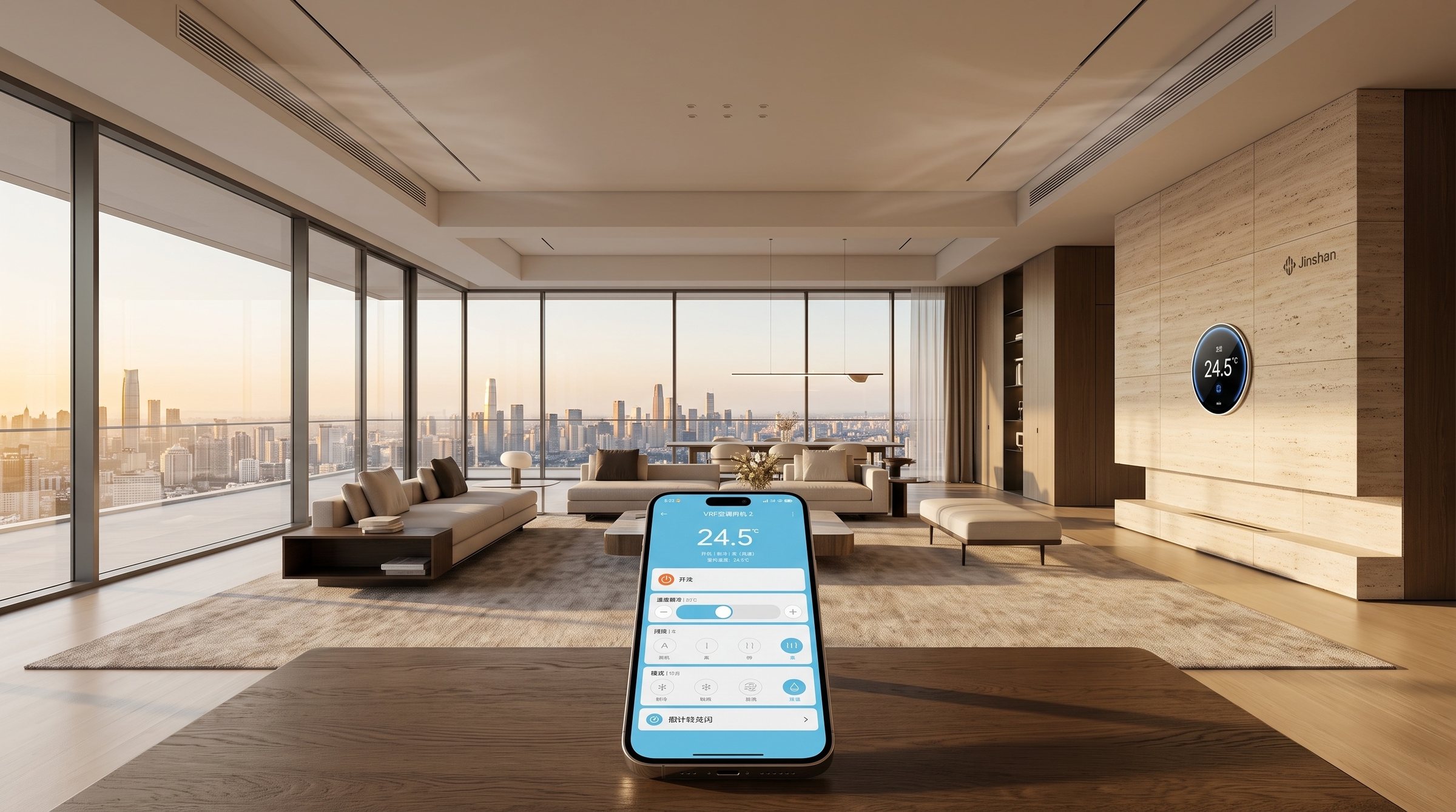 今闪工业级控制全景实景：米家手机 App 毫秒联动、旋钮温控面板与中央空调出风口协同运转